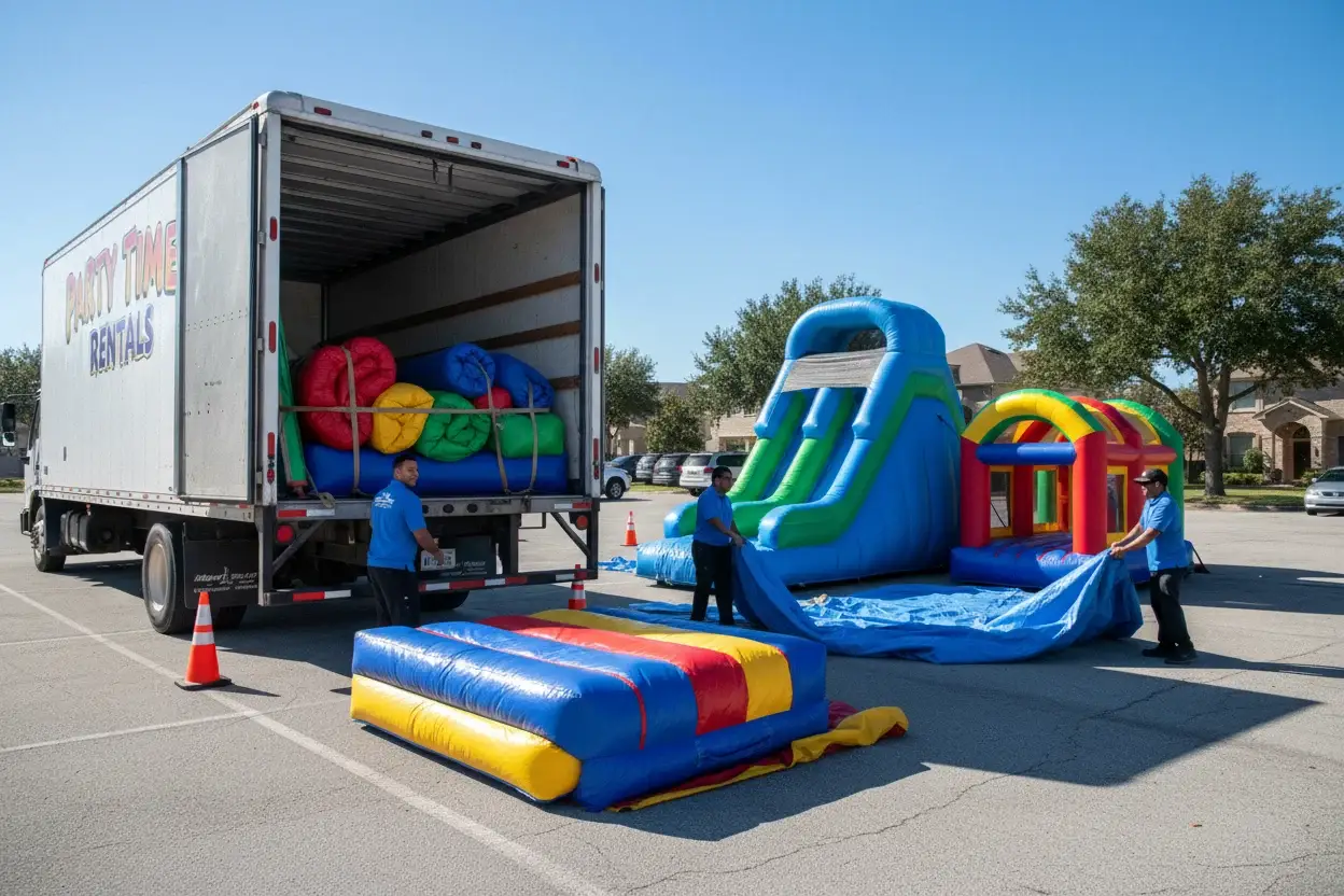 Bounce house delivery team unloading inflatables from a truck