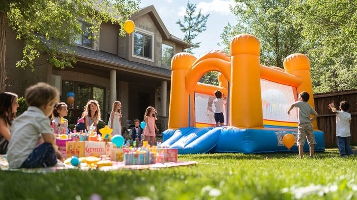 Bounce house rental party setup in a backyard with kids and parents celebrating