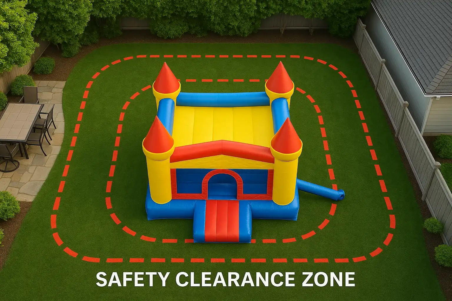 Bounce house size guide showing safety clearance zone around an inflatable castle